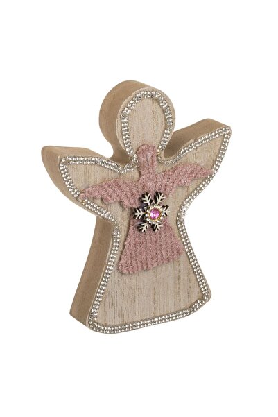 OEM Wooden Angel with Nude Pink Faux Fur & Rhinestones Christmas Decoration 11x14cm