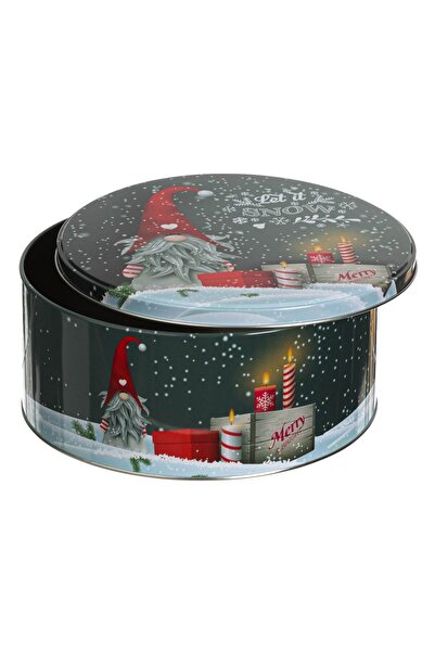OEM Round Metal Christmas Box Grey Gnome Ø19.7x8.6cm