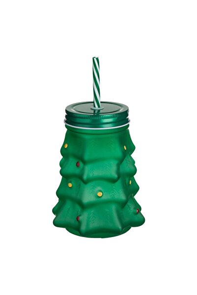 OEM Πράσινο γυάλινο ποτήρι με καλαμάκι σε σχήμα χριστουγεννιάτικου δέντρου 530ml