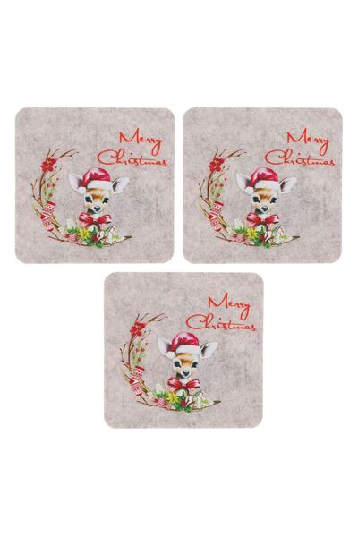 OEM Set of Christmas Felt Coasters in Grey with Reindeer Pattern 12x12cm - 3pcs