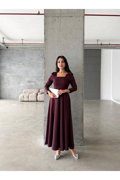 mafdress Women's Bow Detail Burgundy Square Neck Long Sleeve Evening Dress