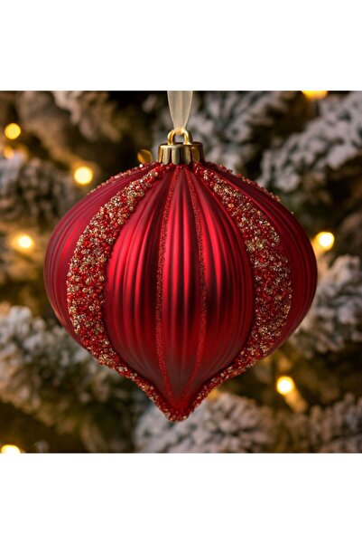 OEM Christmas Tree Ornament Onion Burgundy with Embossed Stripes & Beads Ø15cm