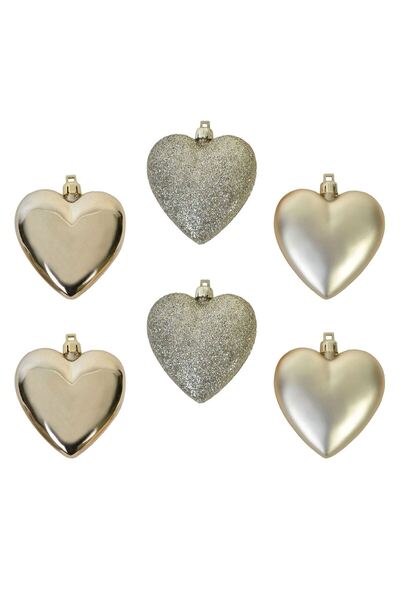 OEM Set Ornamente de Craciun Inimi Bej Mat Stralucitoare Glitter 7cm - 6buc