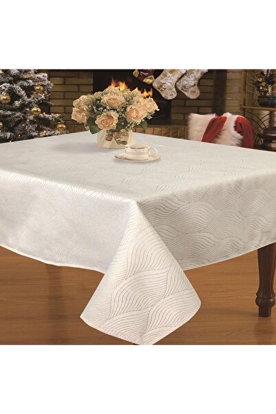 OEM Christmas Tablecloth Ecru with Wavy Stripes Gold Thread 120x120cm