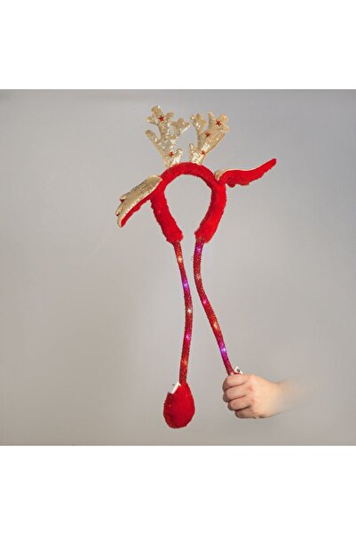 OEM Red Faux Fur Christmas Hair Wreath with Red and Gold Reindeer Antlers Motion & Light