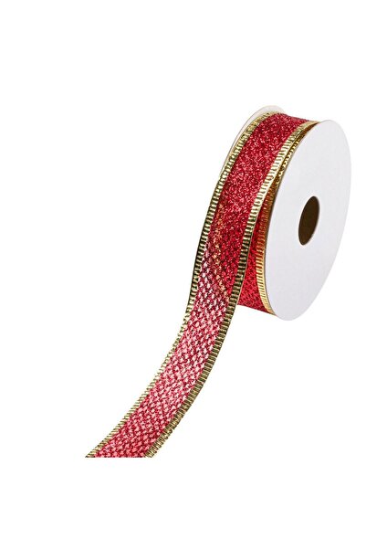 OEM Panglica pentru Brad de Craciun Rosie cu Glitter Auriu 5m x 22mm