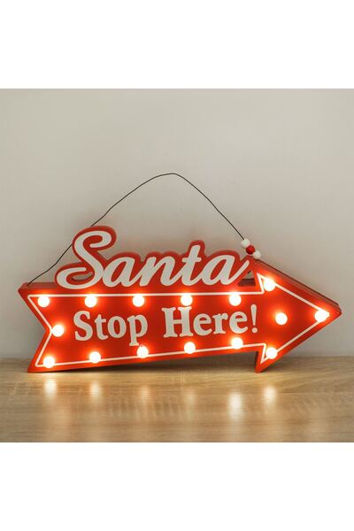 OEM Decorative Christmas Sign Red Wooden Arrow "Santa Stop Here" with Light 35cm