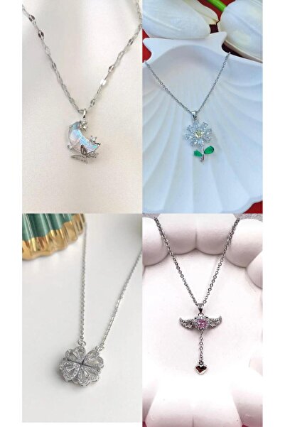 Sepetten Eve 4 lü Gümüş Kolye Seti Çelik Kararmaz Hediyelik Ay Papatya Açılan...