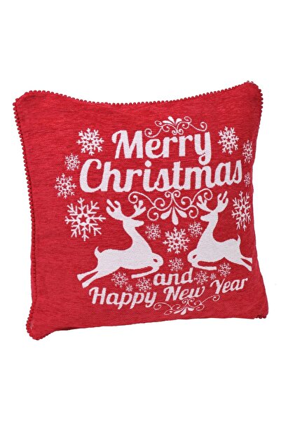 OEM Christmas Decorative Pillowcase Red Reindeer Pompom White Letters 45x45cm