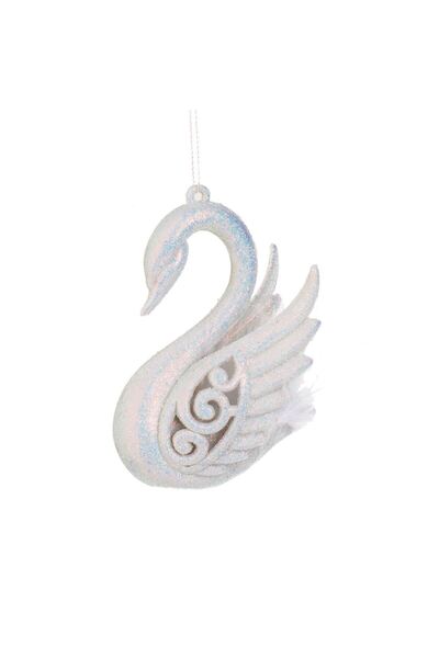 OEM Ornament Brad de Craciun Lebada Alba cu Glitter Irizat & Pene 7.5x11cm