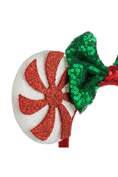 OEM Christmas Hair Crown White Sequin Ears Red Glitter Green Bow & Red Sequins