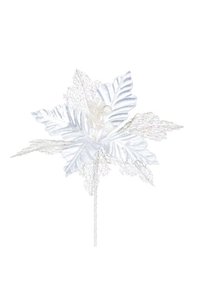 OEM Floare Decorativa de Craciun Alba Catifelata cu Glitter 21cm