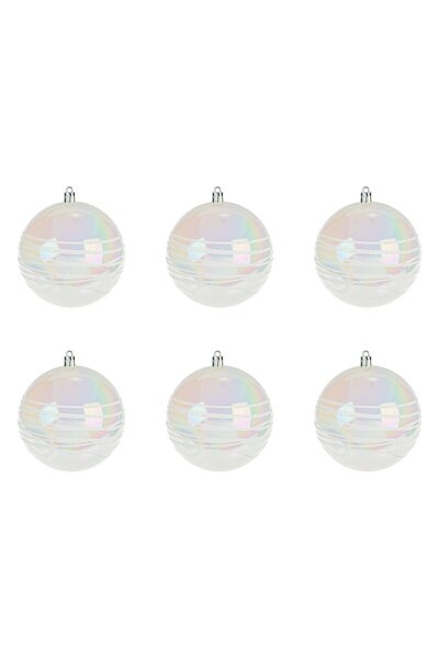 OEM Set of Iridescent White Christmas Baubles with Glitter Stripes Ø10cm - 6pcs