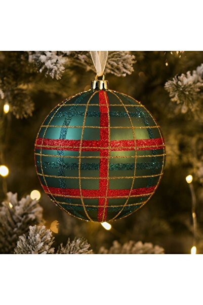 OEM Christmas Tree Ornament Green Globe Matte in Red Checkered Gold Glitter Patterns Ø12cm