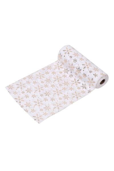 OEM Tesatura Decorativa de Craciun Alba cu Fulgi de Folie Aurie 2.5m x 24cm