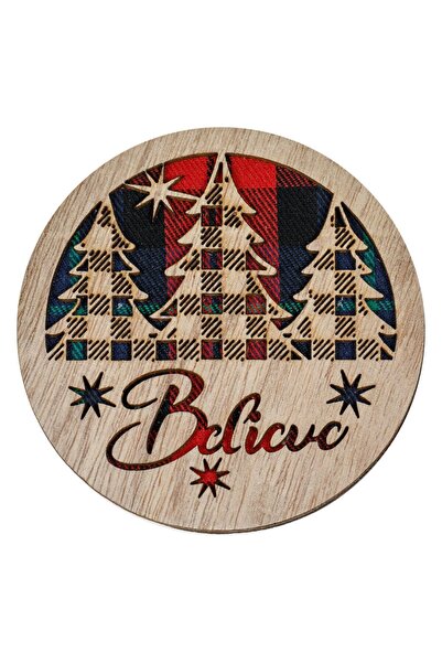 OEM Christmas Wooden Glass Holder Trees Checkered Textile "Believe" 10cm