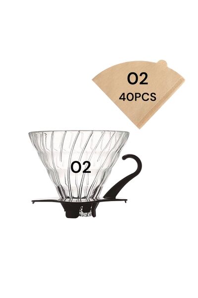 LUXURY V60 Distillation Funnel, Durable Glass, Black Base, 02, with 40 Filter Paper Pieces 02