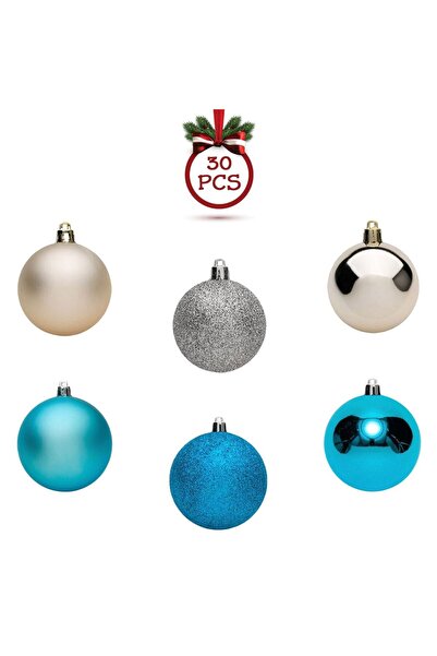 OEM Set of Christmas Baubles Beige Turquoise Matte Shiny Glitter 7cm - 30pcs