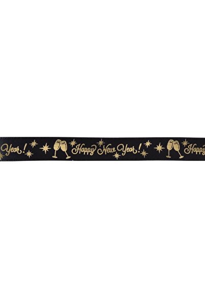 OEM Decorative Christmas Tree Ribbon Black Gold Letters "Happy New Year" 5m x 15mm