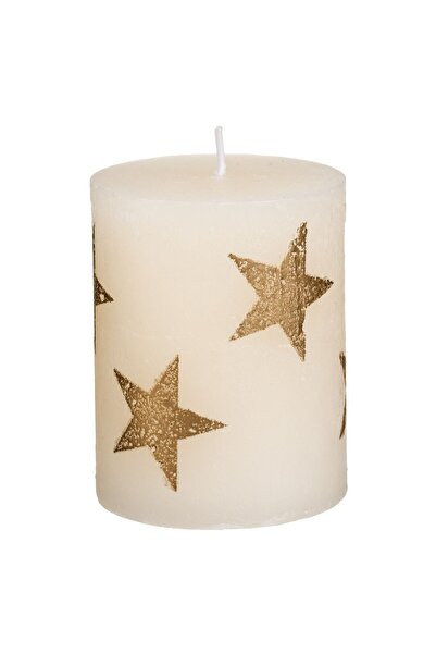 OEM Χριστουγεννιάτικο Κερί Εκρού με Χρυσά Αστέρια Ø6.5x15εκ.