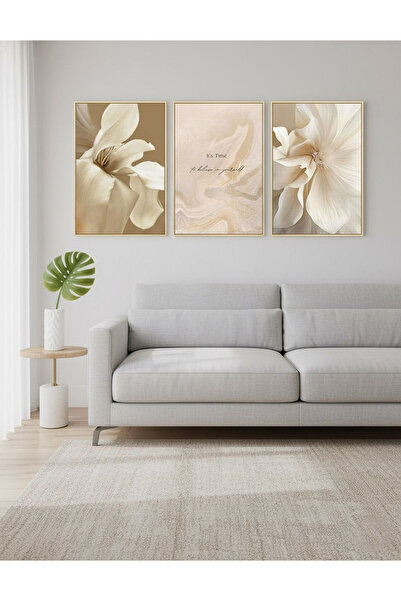 Linacci Σετ γυάλινων πίνακων με τριπλό χρυσό μεταλλικό πλαίσιο κρεμ μπεζ Motto Fenomen