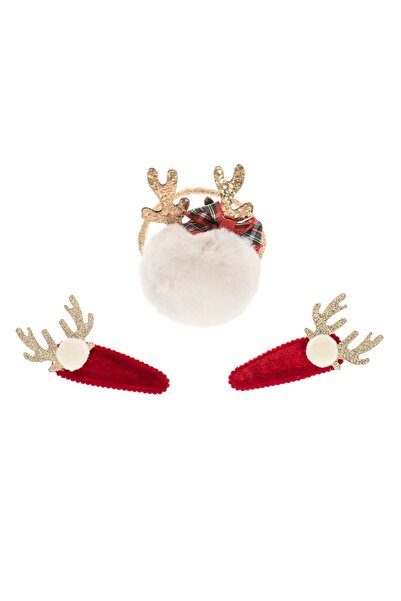 OEM Set of Burgundy Metal Hair Clips & Beige Christmas Hair Elastic with Gold Glitter Horn Pompom - 3pcs