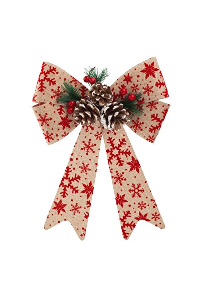 OEM Funda Decorativa de Craciun Bej cu Fulgi Rosii Catifelati Conuri 32cm