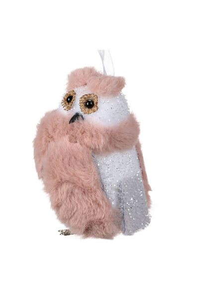 OEM Foam Christmas Tree Ornament White Owl Pink Fur 11.5cm