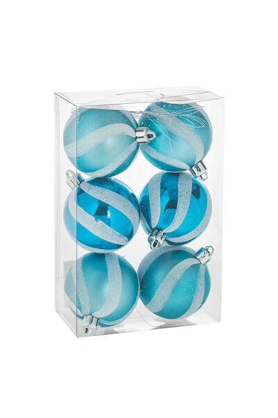 OEM Set of Turquoise Christmas Baubles with White Stripes Matte Shiny Glitter Ø6cm - 6pcs