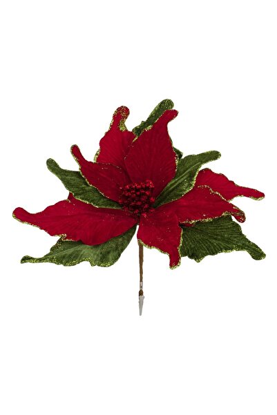 OEM Floare Decorativa Catifelata Rosie Verde cu Glitter cu Clips 32cm