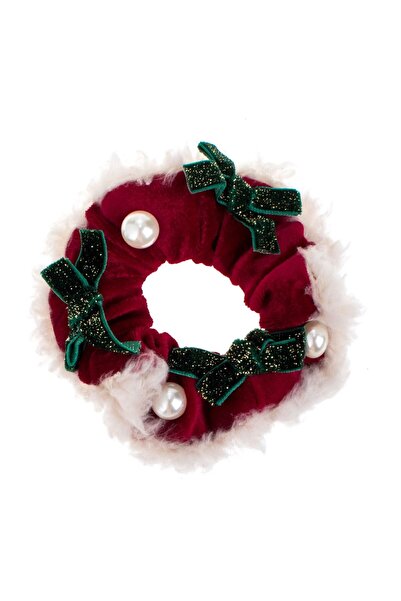 OEM Red Velvet Christmas Textile Hair Elastic with Green Bow Pearls & White Faux Snowflake Edge