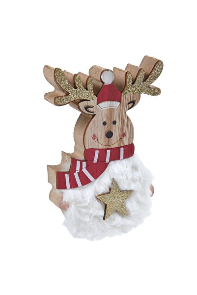 OEM Decoratiune din Lemn de Craciun Cerb Blana Artificiala Stea & Fular 13cm