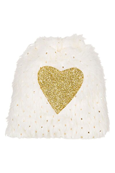 OEM Christmas Gift Bag White Fur Heart Gold Glitter 11x15cm