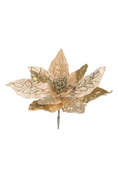 OEM Floare Decorativa de Craciun Catifelata Bej cu Glitter Auriu & Clips 25cm