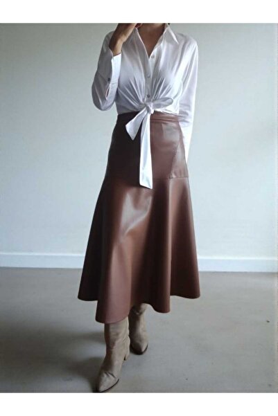 BEBE PLUS Flounced Fleece-Lined Midi Length Leather Skirt (Dark Tan)