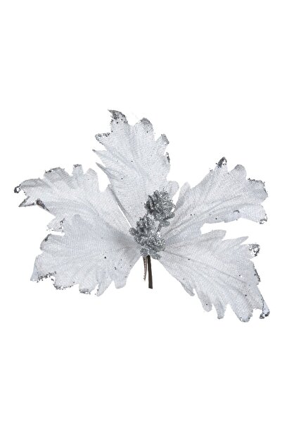 OEM Floare Decorativa de Craciun Alba cu Clip & Glitter Argintiu 22cm