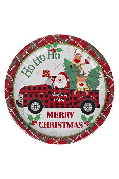 OEM Farfurie Decorativa de Craciun Metalica Rosie cu Carouri Mos Craciun Masi...