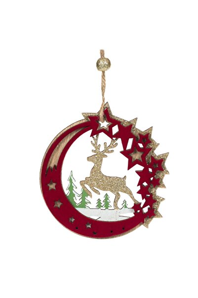 OEM Wooden Christmas Tree Ornament Burgundy Velvet Crescent Deer Star Glitter 10cm