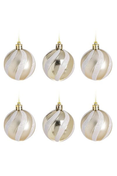 OEM Set of Beige Glossy Matte Christmas Baubles with Iridescent Glitter Stripes Ø6cm - 6pcs