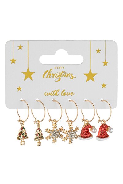 OEM Christmas Earrings Set Gold Circles with Rhinestones, Christmas Tree Hat & Snowflakes - 3 pairs