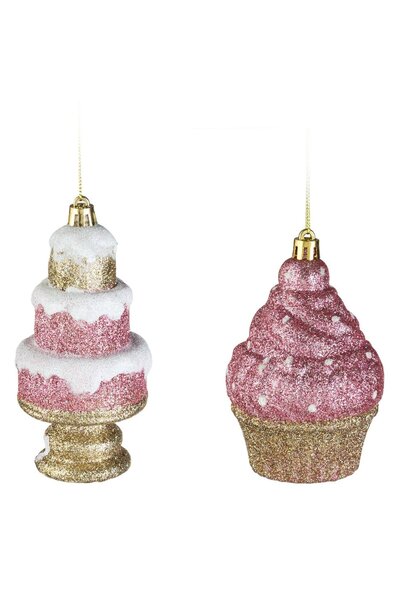 OEM Ornamente Brad de Craciun Tort Cupcake Roz cu Glitter Auriu - 2buc