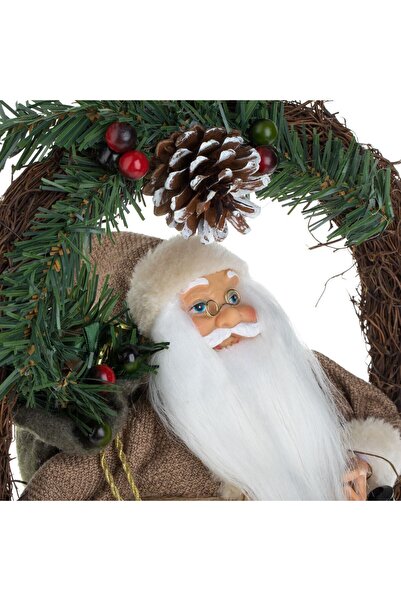 OEM Decorative Wooden Christmas Wreath with Santa Claus in Brown Coat & Lantern Ø30cm