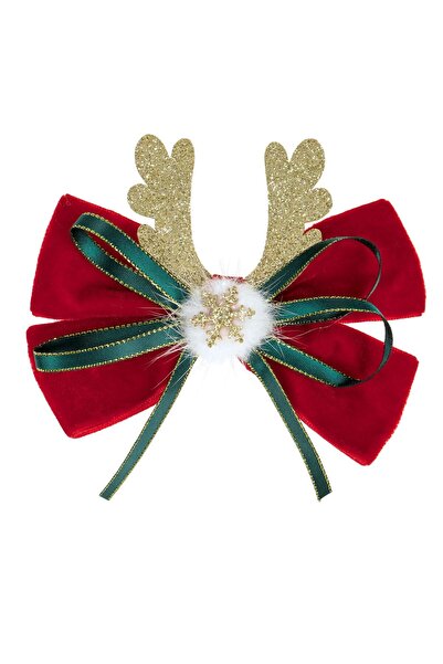 OEM Christmas Hair Clip Red Velvet Bow with Horns & Gold Glitter 12cm
