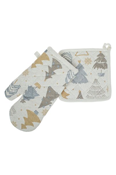 OEM Christmas Kitchen Napkin Mitt Set Ecru Silver Lurex Fir Trees - 2pcs