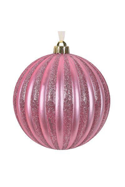 OEM Ornament Brad de Craciun Glob Roz Mat cu Dungi & GLitter Ø15cm