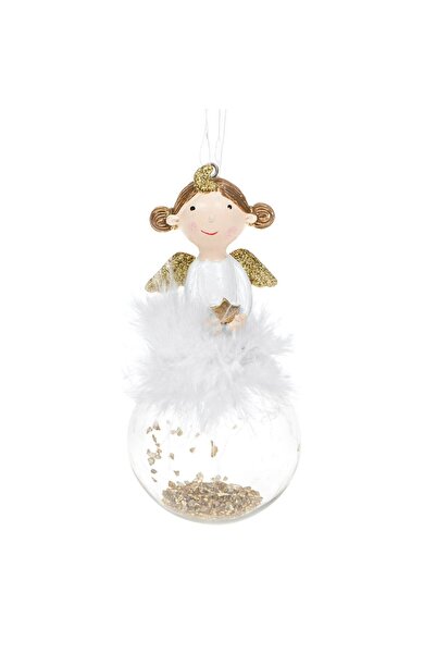 OEM Ceramic Christmas Tree Ornament Little Girl Angel White with Gold Glitter 6x12cm