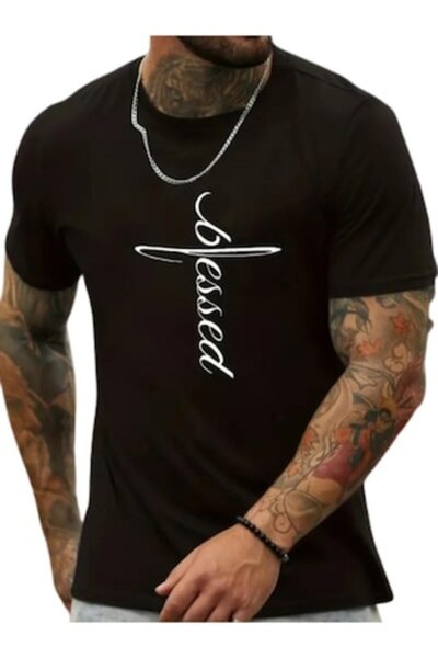 OEM Ανδρικό T-shirt, εξατομικευμένο «BLESSED», 100% βαμβάκι, μαύρο