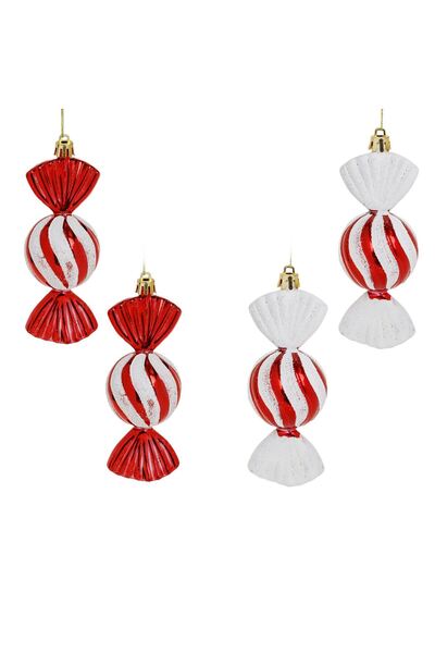 OEM Christmas Tree Ornaments Red Candy with White Holographic Stripes 13cm - 4 pcs