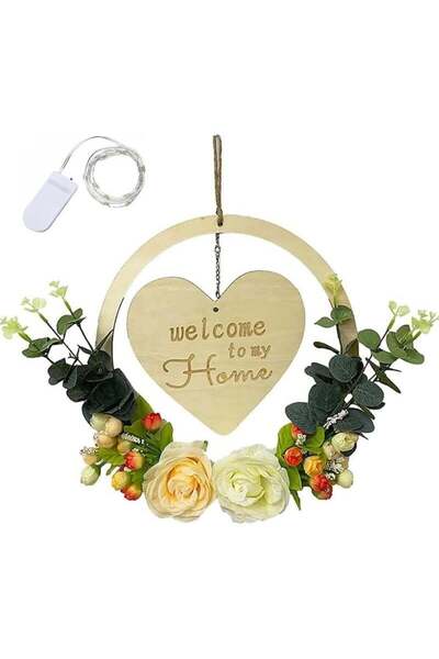 Generic AIWANTO Welcome to My Home Wooden Door Hanging Sign with Artificial Flowers & Warm White String Lig