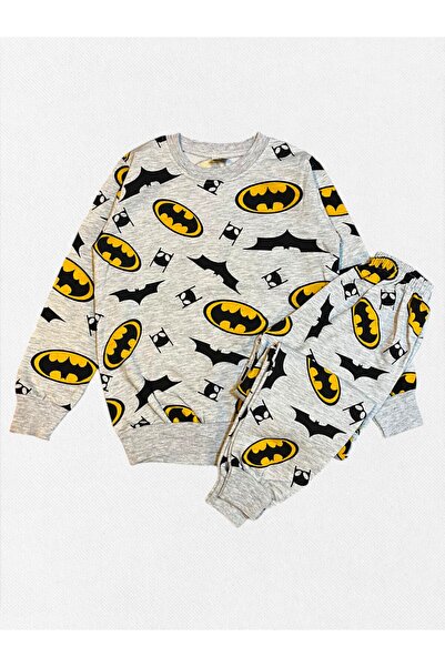Pajama Shop Boy's Cotton Gray Color Bat Patterned Fleece-Lined Long Sleeve Winter Pajamas Set